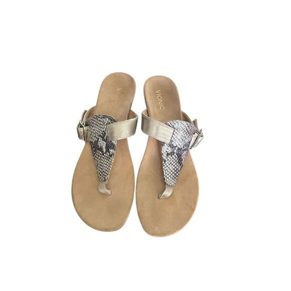 Vionic Snake Skin Leather Alanis Thong Wedge Sandals Tan Size UK 9. US 11 - Picture 1 of 12